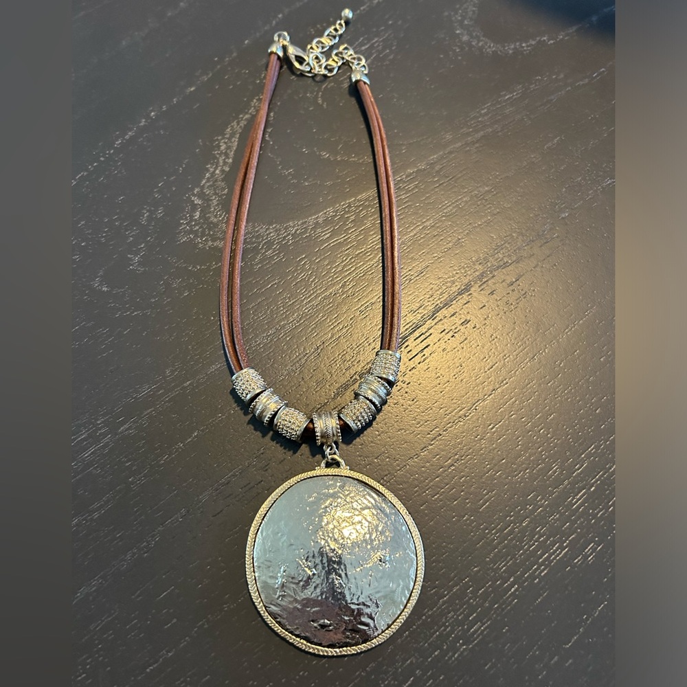 Chico’s brown leather rope necklace with gold disk embellishment